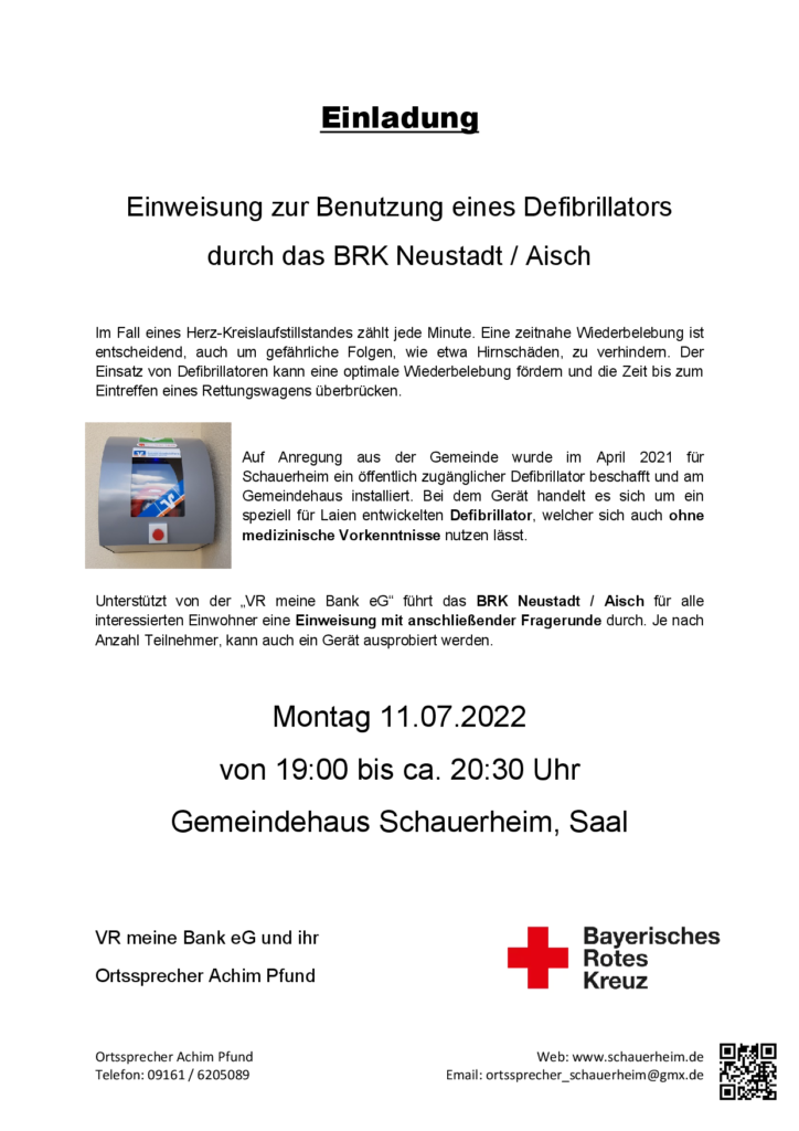 Einladung Einweisung zur Benutzung eines Defibrillators