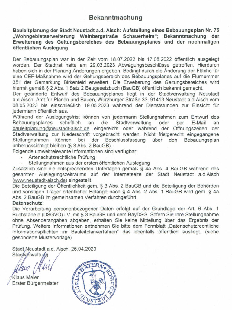 Aushang: Bekanntmachung der Erweiterung des Geltungsbereichs des Bebauungsplans Wohngebietserweiterung Weinbergstraße