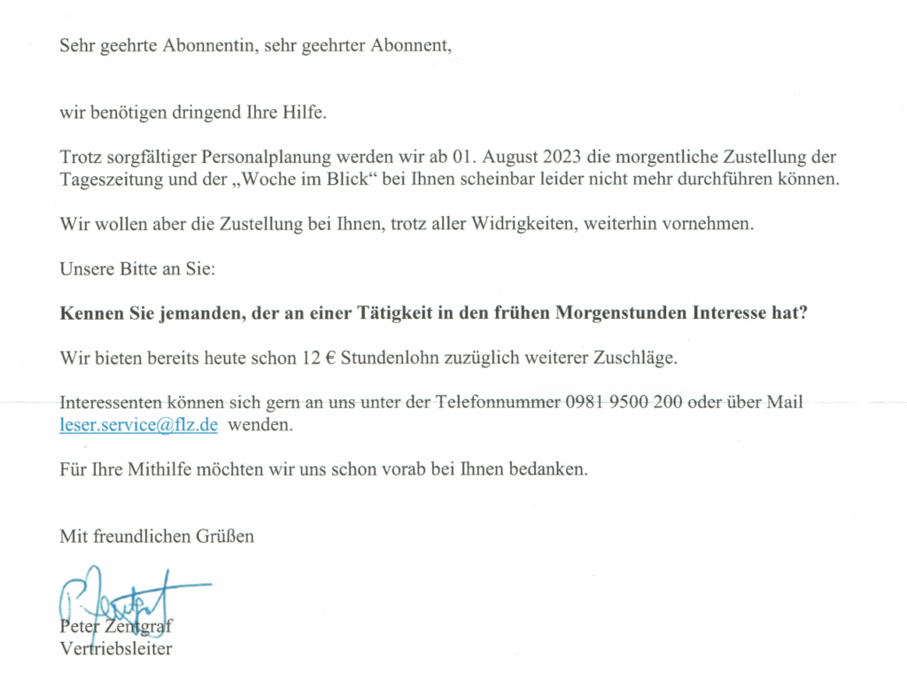 FLZ sucht Zusteller für Schauerheim - Anschreiben