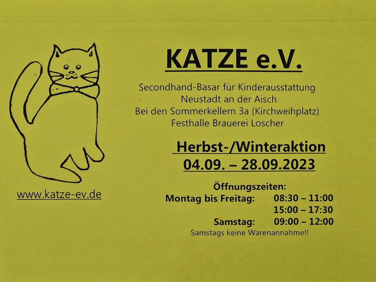 Read more about the article Aushang: Katze e.V. Secondhand-Basar Herbst-/Winteraktion