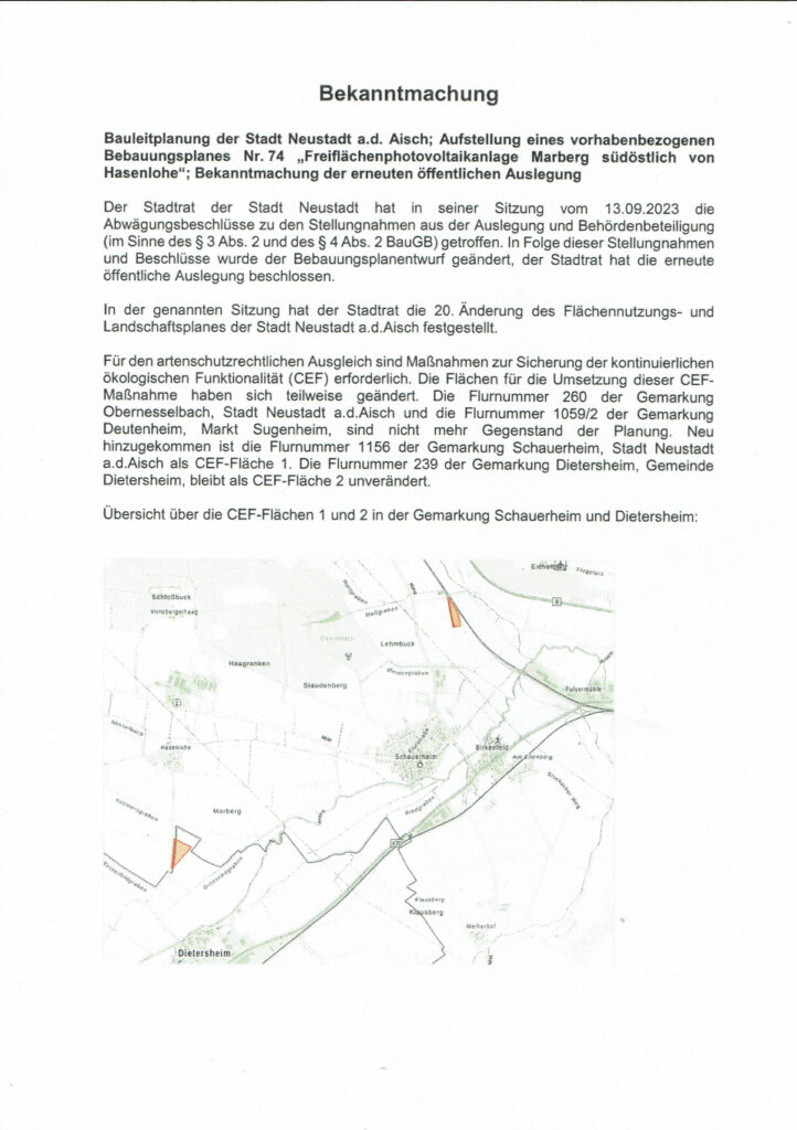 Bauleitplanung "Freiflächenphotovoltaikanlage Marberg"; Bekanntmachung der erneuten öffentlichen Auslegung 1