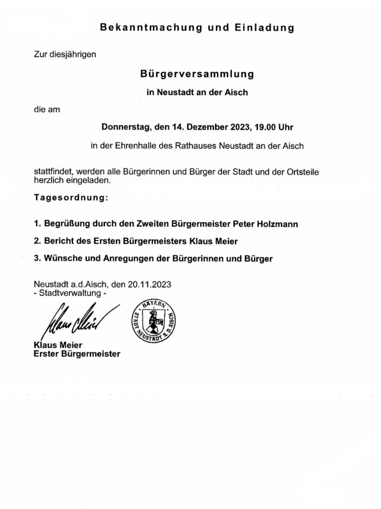 Einladung zur Bürgerversammlung in Neustadt 14.12.2023