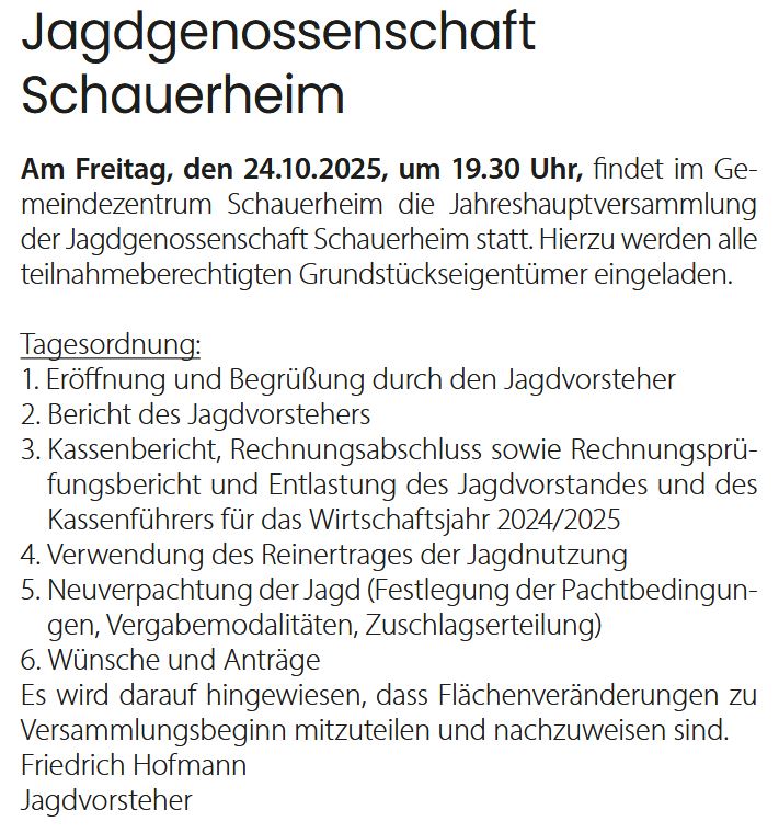 Agenda Jahreshauptversammlung Jagdgenossenschaft 2025