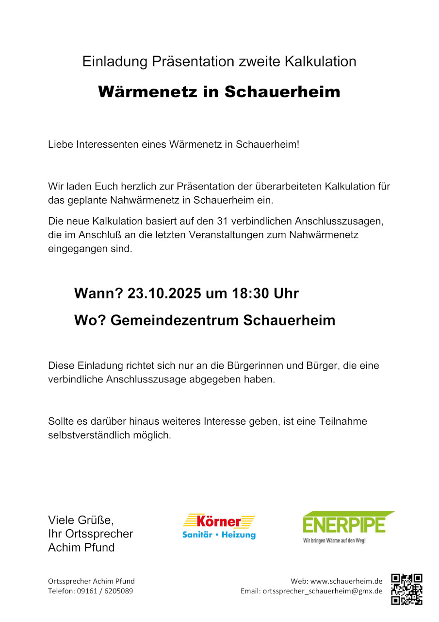 Einladung Nahwärmenetz zweite Kalkulation