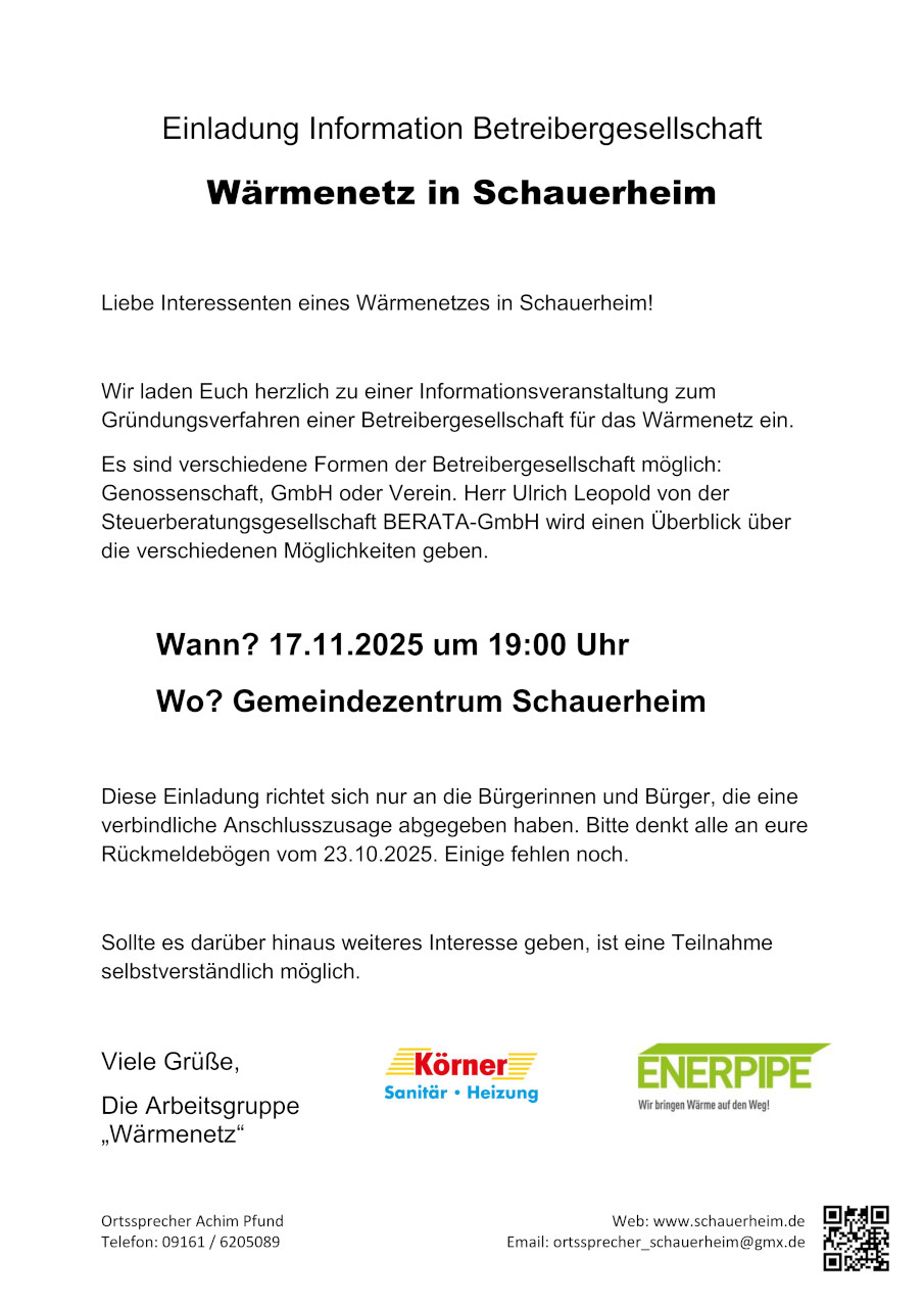 Einladung Information Betreibergesellschaft Nahwärmenetz