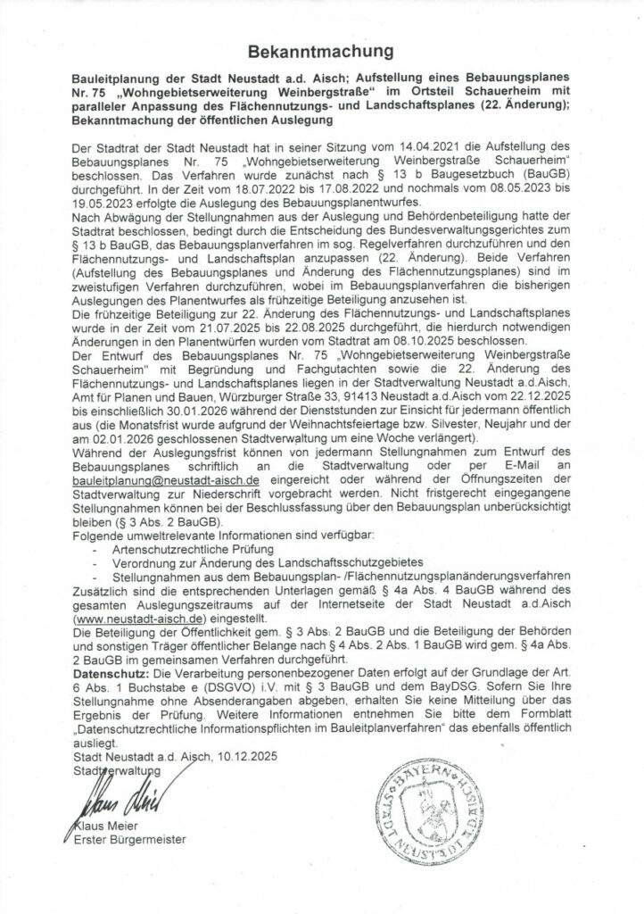 Aushang Bebauungsplan Weinbergstraße 22. Änderung